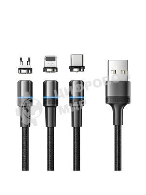 Кабель USB Rexant 3в1 со съемными магнитными портами, Type-С (2A), Lightning (2,4A), Micro USB (2A), 1,2м, в черной оплетке, с LED подсветкой