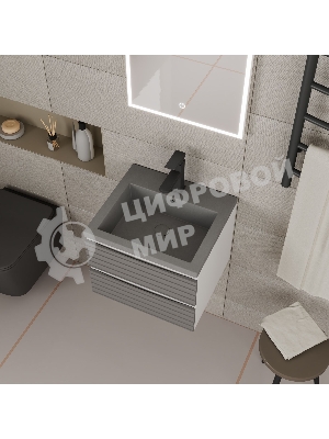 Тумба под раковину Bau Stil Loft grey brushed, раковина кварцевая BAU Stil 50, серый металлик, смеситель Hotel Black, черный
