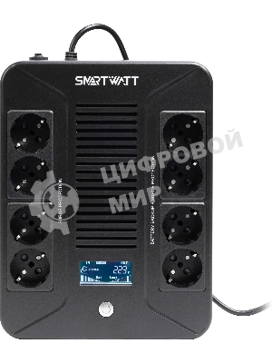 Источник бесперебойного питания SMARTWATT UPS SAFE PRO LCD 800 черный 800/480 ВА/Вт, напольный/настенный, линейно-интерактивный, LCD дисплей, Shuko CEE7/4 - 8 шт. (4 шт. с резервным питанием, 4 шт. - сетевой фильтр)