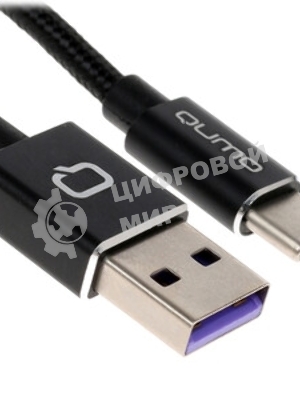 Кабель Qumo Type-С кабель, 1м, USB 2.0, 5В, 5А, 25Вт, тканевая оплетка, стальной коннектор, черный