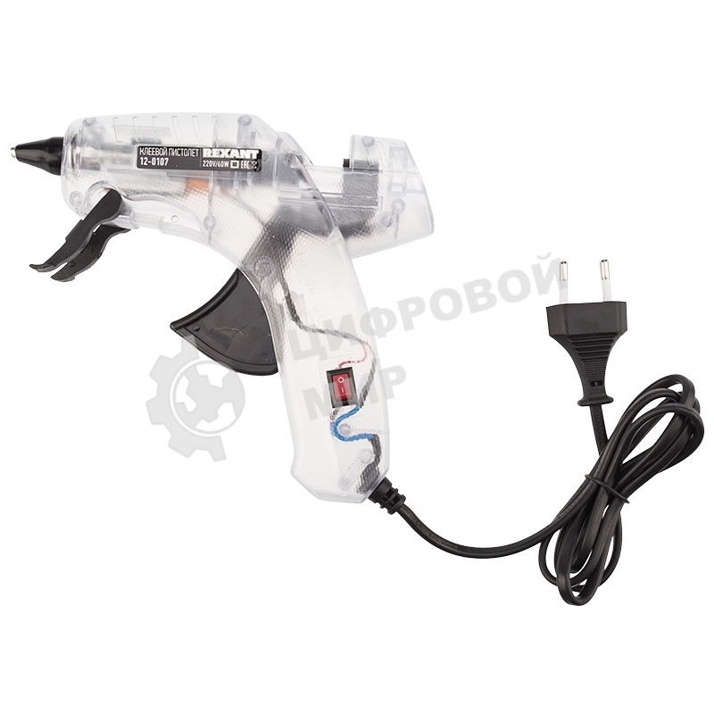 Пистолет клеевой Rexant, 60 Вт, Ø11 мм, ПРОЗРАЧНЫЙ корпус, с кнопкой, блистер