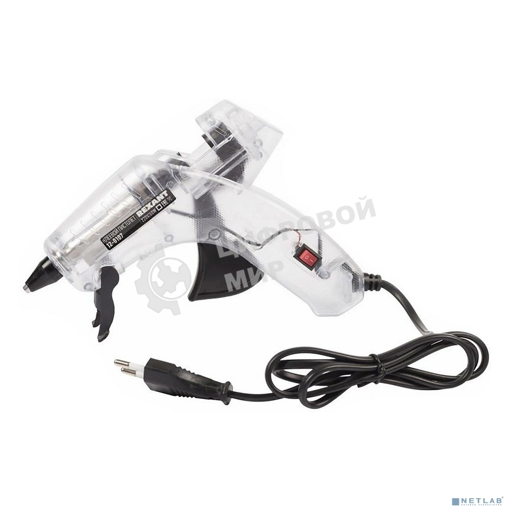 Пистолет клеевой Rexant, 60 Вт, Ø11 мм, ПРОЗРАЧНЫЙ корпус, с кнопкой, блистер