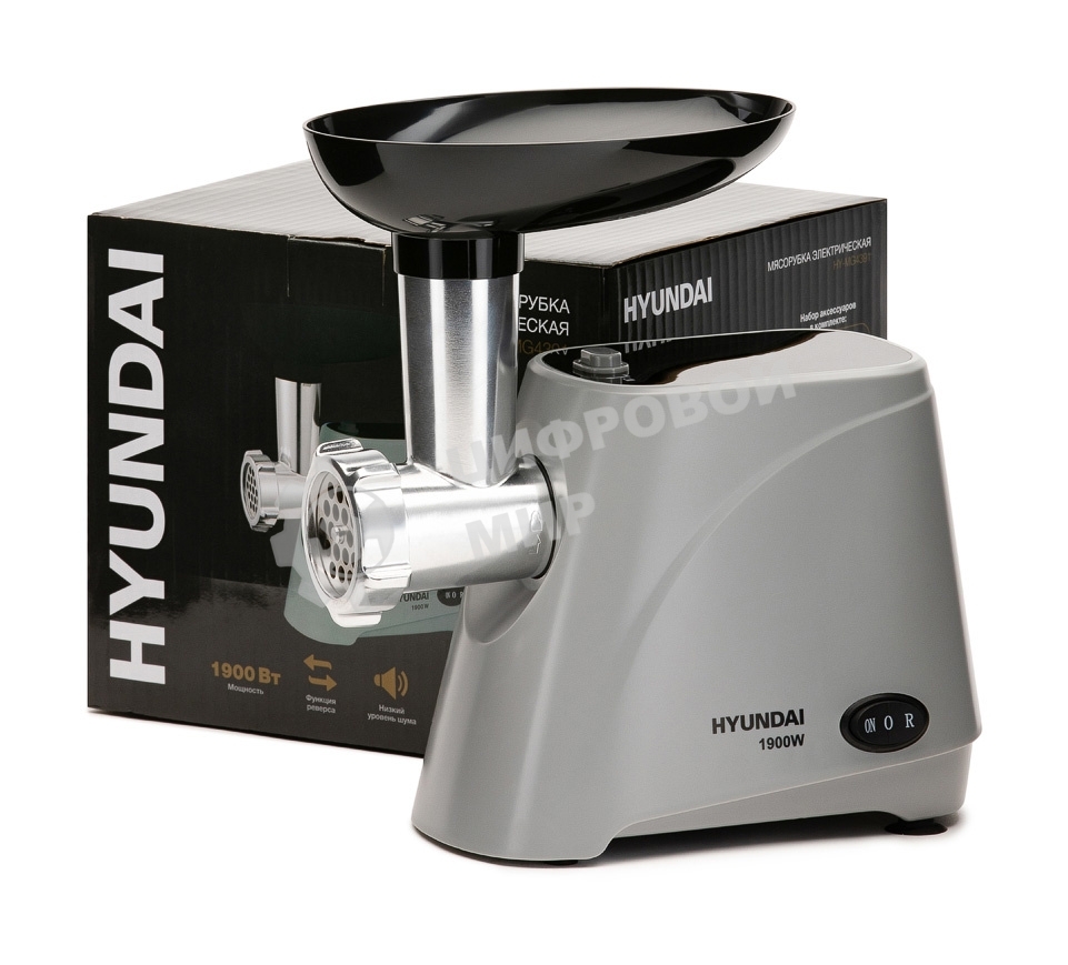 Мясорубка электрическая Hyundai HY-MG4391 серый, 1900 Вт, 2.4 кг/мин, реверс, защита от перегрузки, насадки - 4