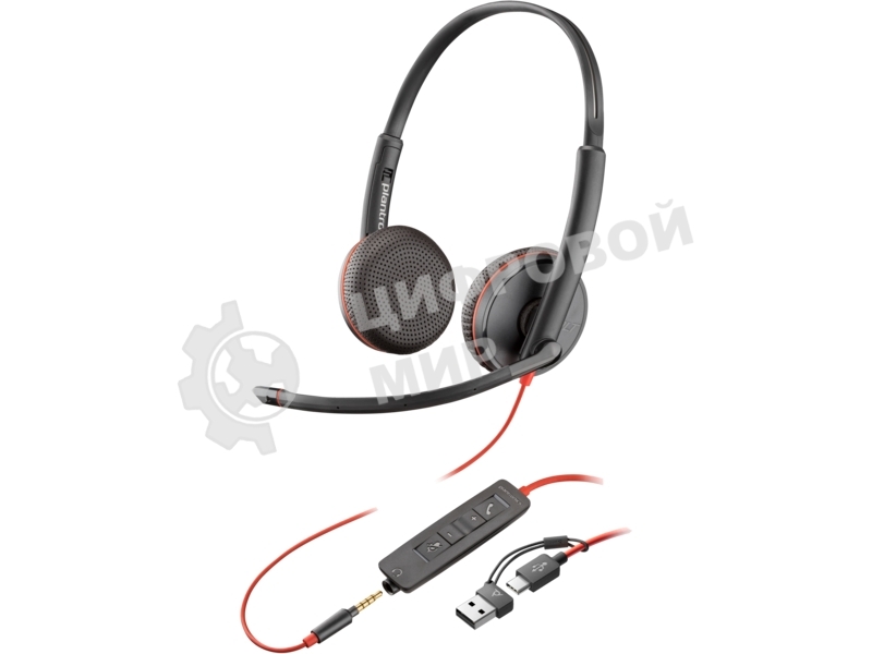 Гарнитура проводная Poly Blackwire 3225 Stereo USB-C Headset +3.5мм Plug +USB-C/A Adapter (Bulk) черный