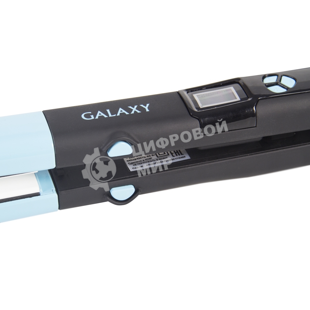 Щипцы для волос Galaxy GL 4505, голубой, 65 Вт, нагревательный элемент с защитой от перегрева, сменные пластины с керамическим покрытием: 89x27,5 мм и 89x57 мм, ЖК-дисплей с индикацией температуры, регулятор температурных режимов, шнур питания, вращающийс