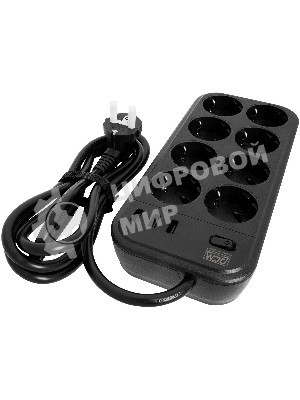 Сетевой фильтр Powercom SP-08 USB03AB 3,0 m 3.0м, 8 розеток, черный, коробка