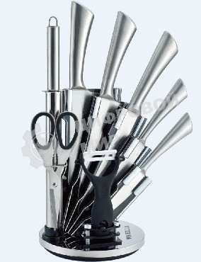 Набор кухонных ножей KELLI KL-2120 метал на подставке Высококачественная сталь 9 предметов: Топорик кухонный 16 см, Нож поварской 20 см, Нож хлебный 20 см, Нож для резки 12 см, Нож овощной 9см, Точилка, Ножницы Овощечистка с керамическим лезвием. Острая режущая кромка Легкая заточка Удобные ручки Восхитительный дизайн Практичная подставка