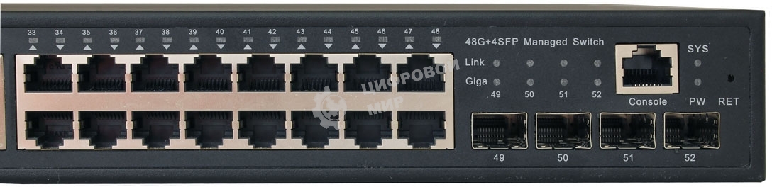 Коммутатор управляемый OSNOVO L2 PoE Gigabit Ethernet на 48 RJ45 PoE + 4*GE SFP, до 30W на порт, суммарно до 800W