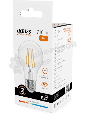 Лампа светодиодная филаментная Gauss Filament 9Вт цок.: E27 груша св. свеч. бел. теп. (упак.: 10 шт)