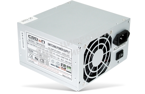 Блок питания CROWN CM-PS400W (20+4in, 80мм FAN, SATA*2, PATA(big Molex)*4, FDD*1, 4+4pin, Lines 1x12V OEM)