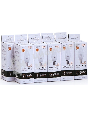 Лампа светодиодная Gauss Elementary 6Вт цок.: E14 свеча 220B 3000K св. свеч. бел. теп. C37 (упак.: 10 шт) (33116)