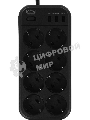 Сетевой фильтр Powercom SP-08 USB03AB 3,0 m 3.0м, 8 розеток, черный, коробка