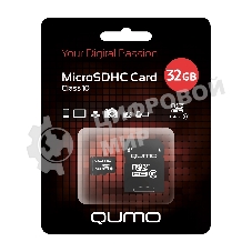 Флеш карта QUMO MicroSDHC 32Gb Сlass 10, адаптер в комплекте SD, черно-красная картонная упаковка