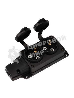 Розетка (колодка) Rexant влагозащищенная с крышкой 2 гнезда COMPACT, с/з, 16А, IP54, каучук, черный