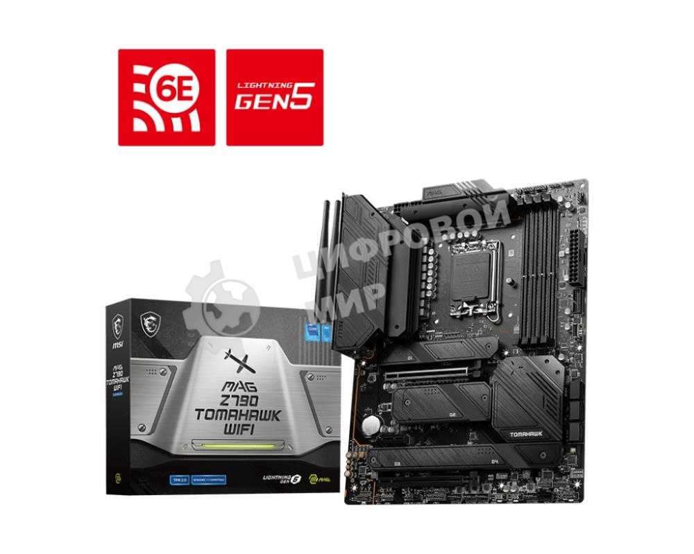 Материнская плата MSI MAG Z790 TOMAHAWK WIFI, LGA 1700, Intel Z790, 4xDDR5, 7xSATA, 4xM.2, 1xPCIe 4.0 x4, 1xPCIe 5.0 x16, 1xHDMI, 1xDP, 1x2.5Gb LAN, 4xUSB-A 3.2 Gen 1, 4xUSB-A 3.2 Gen 2, 1xUSB-C 3.2 Gen 2, 1xUSB-C 3.2 Gen 2x2, 5x3.5 мм, 7.1, Standard-ATX