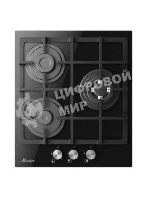 Варочная поверхность MONSHER MGG 44 Noir, High-Tech, газ, 45 см, газ-контроль, автоматический электроподжиг, чугунные решетки, форсунки под сжиженый газ, конфорки SABAF, поворотные переключатели, цвет черный