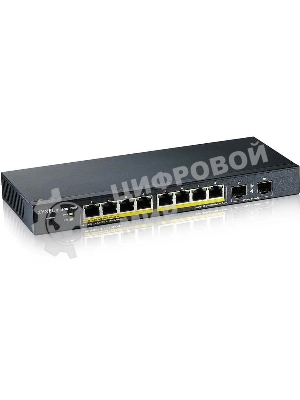 Коммутатор Smart L2 PoE+ Zyxel GS1900-10HP, 8xGE PoE+, 2xSFP, настольный, бесшумный, бюджет PoE 77 Вт
